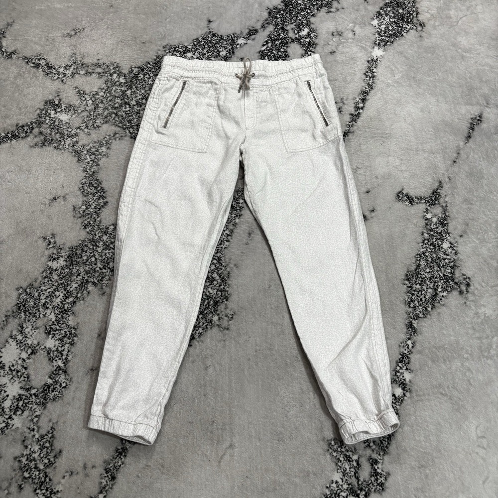Athleta Cabo Linen Jogger Pants Womens Size 12 Micro Cheetah Cream Zip Pockets